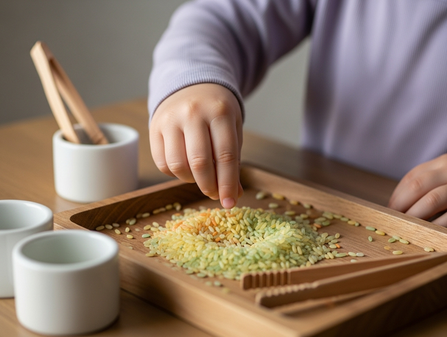Child developing fine motor pincer grasp skills through sensory rice play, building foundation for writing skills