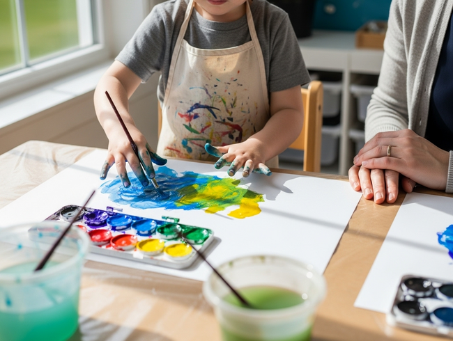 Child exploring paint and color with supportive adult guidance demonstrating process-focused learning approach