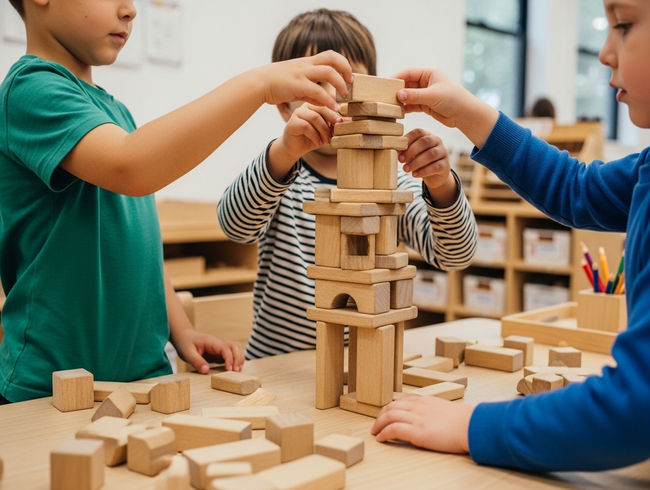 Children developing empathy and cooperation skills through collaborative building activities