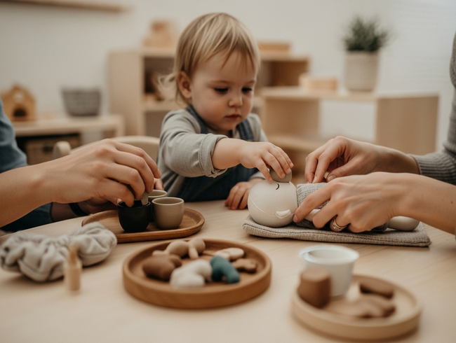 An adult follows a child's lead in dramatic play, demonstrating supportive co-playing that enhances learning and relationship building in early childhood