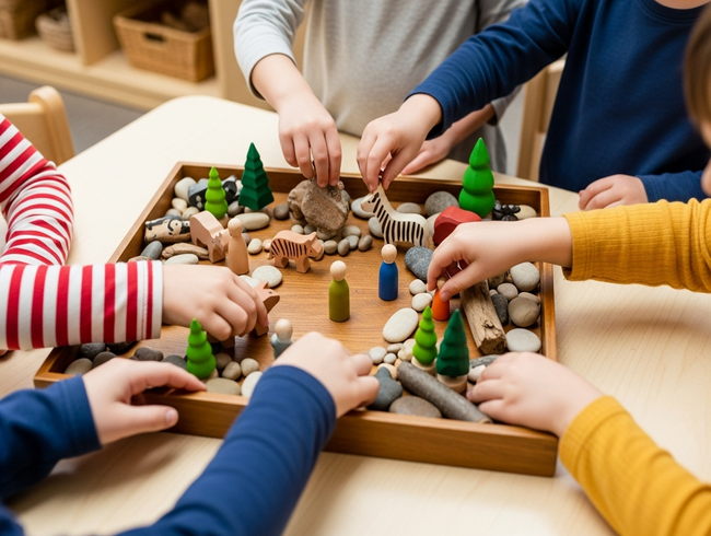 Children develop narrative skills through collaborative storytelling and imaginative play at early learning centre