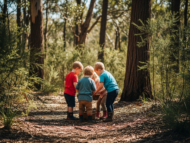 Children collaboratively exploring nature in Sunshine Coast bushland, demonstrating environmental learning and social cooperation