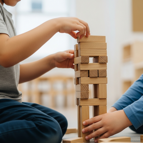 Two children work together, building a wooden block tower, demonstrating cognitive development and problem-solving skills at Okinja Early Learning Centre.