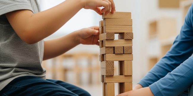 img_001_feature_image Two children work together, building a wooden block tower, demonstrating cognitive development and problem-solving skills at Okinja Early Learning Centre.