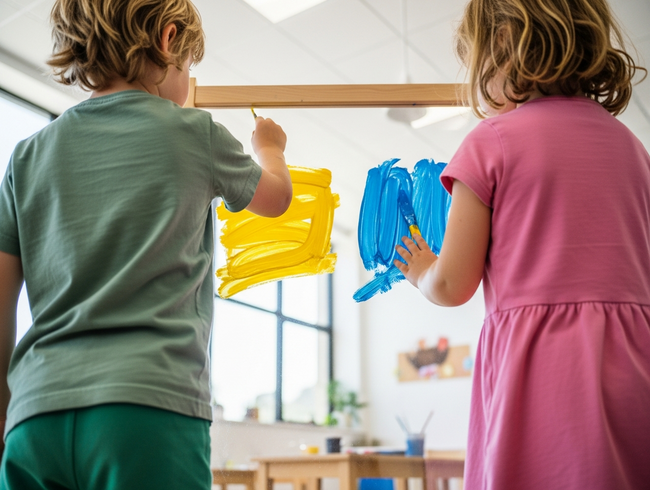 Children developing social skills and creativity through collaborative mural painting at a high-quality Sunshine Coast kindergarten.
