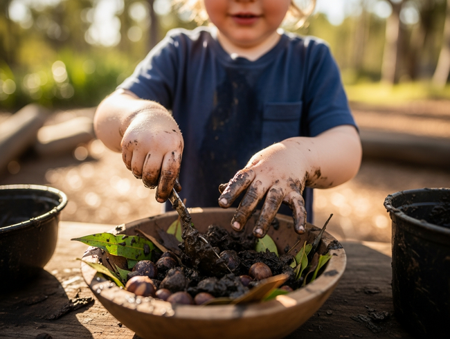 A child engages in sensory learning at a mud kitchen, connecting with nature at Okinja Early Learning Centre on the Sunshine Coast.