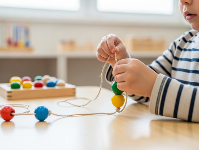 A close-up of a child's hands threading a wooden bead, an activity that develops fine motor skills essential for school readiness.