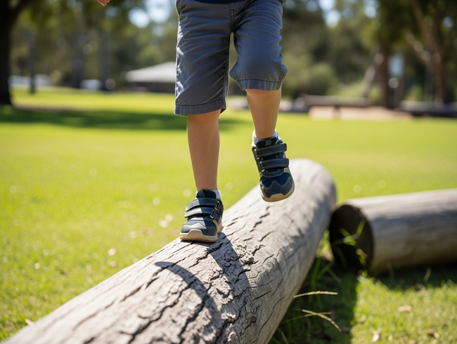 A child develops balance and gross motor skills by walking on a log in the natural outdoor playground at Okinja ELC.