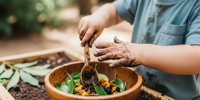 A toddler engaged in sensory messy play with a mud kitchen at Okinja Early Learning Centre on the Sunshine Coast.