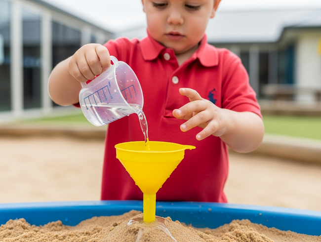 A young child learns about volume and physics through sand and water play at a Sunshine Coast kindergarten.