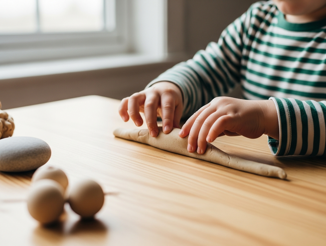 A toddler develops fine motor skills for school readiness by playing with playdough at Okinja ELC.