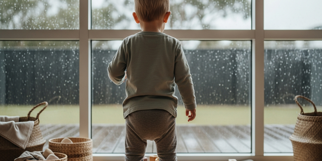 A toddler engages in focused indoor block play on a rainy day, developing symbolic thinking skills.
