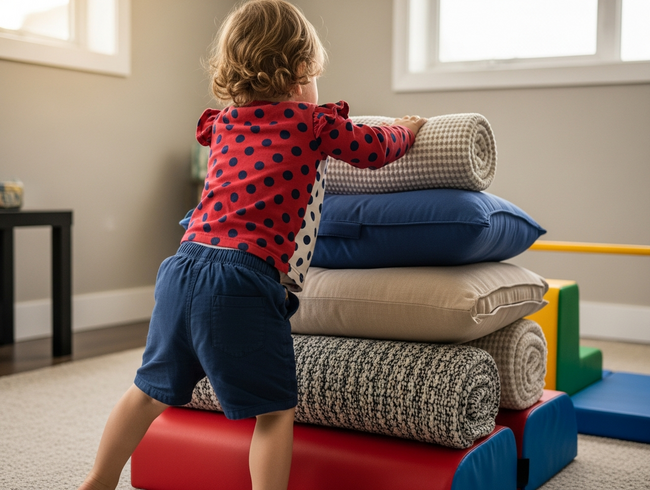 A toddler safely navigates an indoor obstacle course made of soft cushions, developing gross motor skills.