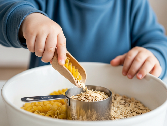 Close up of a toddler's hands scooping dry oats and pasta, refining fine motor skills.
