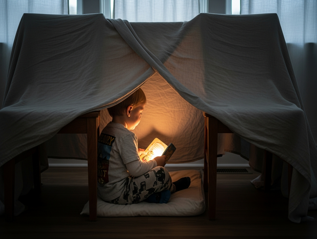 A toddler reading a book inside a cozy blanket fort, finding psychological containment and security.