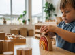 Toddler building fine motor skills through repetitive block play at Sunshine Coast early learning centre
