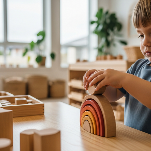Toddler building fine motor skills through repetitive block play at Sunshine Coast early learning centre