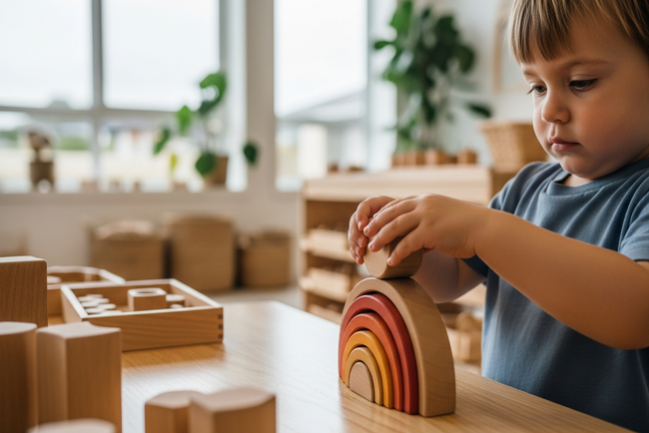 Toddler building fine motor skills through repetitive block play at Sunshine Coast early learning centre