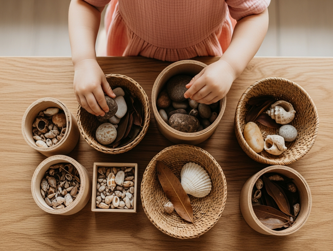 Child exploring enclosure schema with natural materials in Sunshine Coast early learning environment