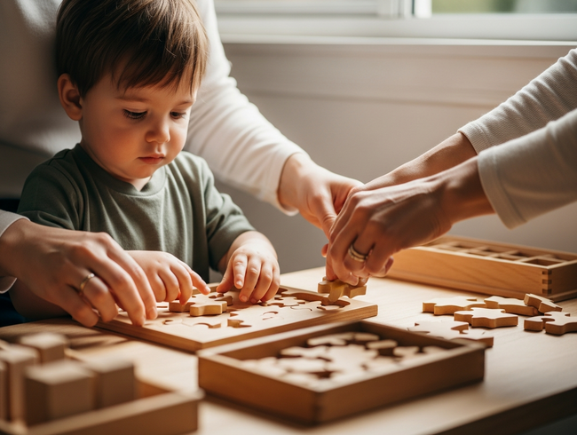 Educator supporting toddler's repetitive learning play through gentle scaffolding at Australian early learning centre