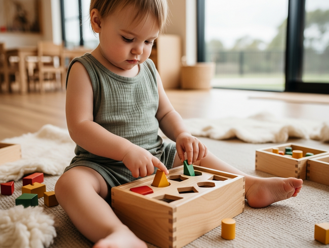 Toddler develops early strategic thinking through cause-and-effect play at Okinja Early Learning Centre
