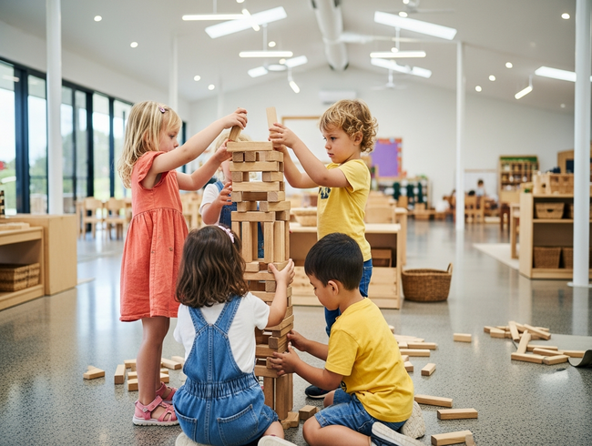 Preschoolers develop collaborative strategic thinking through cooperative block building at early learning centre