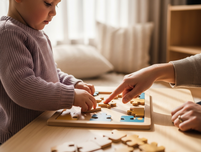 Expert early childhood educator provides gentle guidance during puzzle solving at Sunshine Coast childcare centre