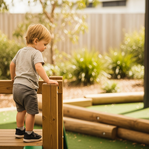 img_001_feature_image A toddler pauses at the top of a low timber climbing structure during safe risky play at a Sunshine Coast early learning centre.