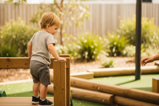 A toddler pauses at the top of a low timber climbing structure during safe risky play at a Sunshine Coast early learning centre.
