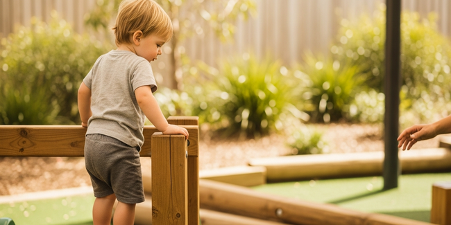 A toddler pauses at the top of a low timber climbing structure during safe risky play at a Sunshine Coast early learning centre.