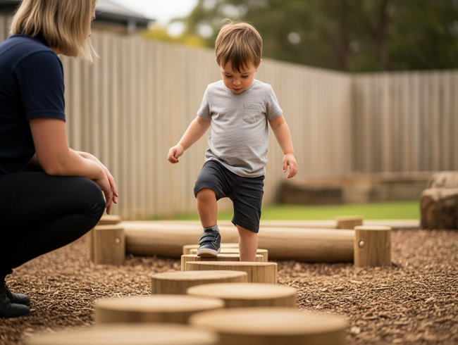 A toddler carefully assesses a low stepping-stone path, practising risk evaluation and physical balance in a safe outdoor early learning environment.