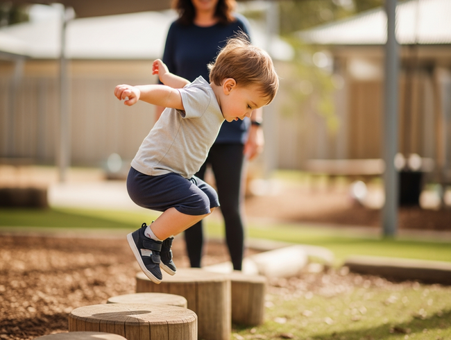 A toddler jumps from a low timber stump, developing physical literacy, balance and spatial awareness through risky play at an early learning centre.