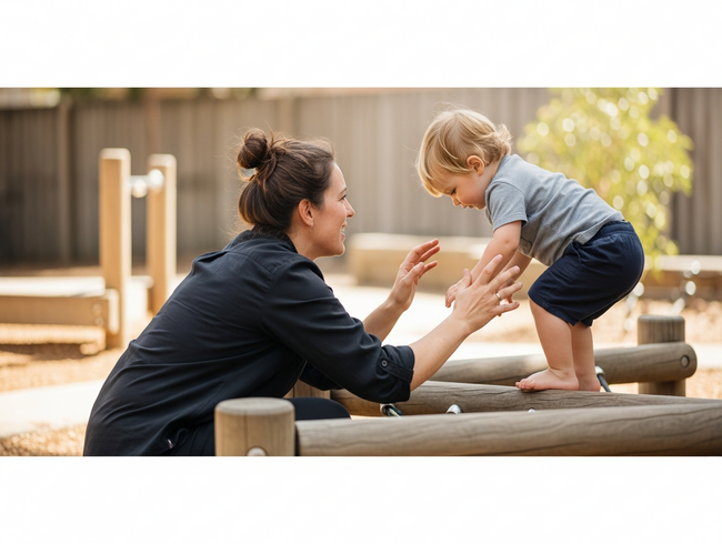 An educator offers calm, supportive supervision as a toddler navigates a low climbing challenge, modelling the language of risky play guidance at an early learning centre.