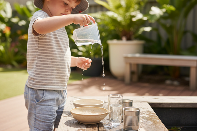 A preschool child explores volume and water flow through play at an outdoor water table at an early learning centre on the Sunshine Coast.