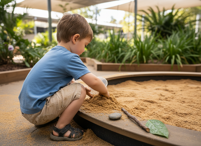 A preschool child explores the properties of wet sand through hands-on play in the outdoor learning environment at a Sunshine Coast childcare centre.
