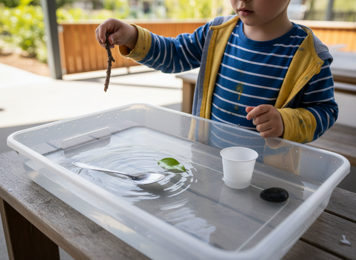 A preschool child tests whether objects sink or float in a water tray, exploring early science concepts through play at a Sunshine Coast early learning centre.