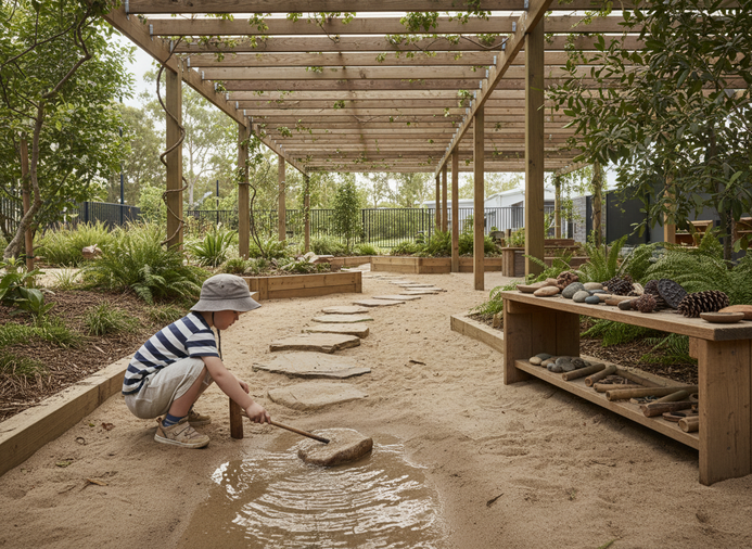 A preschool child engineers a waterway in the sand at a purpose-designed natural outdoor learning environment at Okinja Early Learning Centre on the Sunshine Coast.