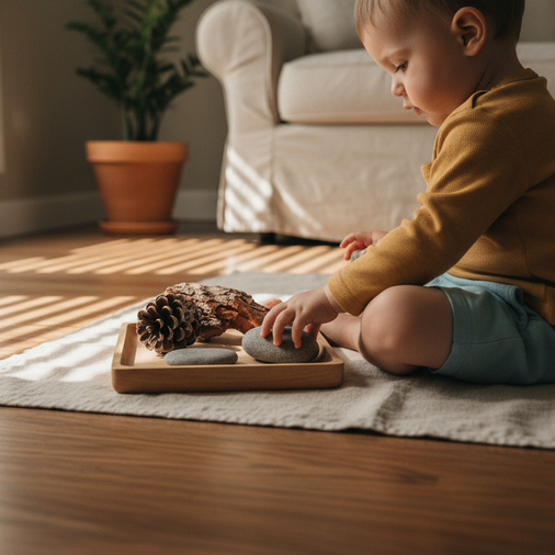 Toddler hands arranging natural loose parts on a wooden tray during quiet time at a Sunshine Coast early learning centre.