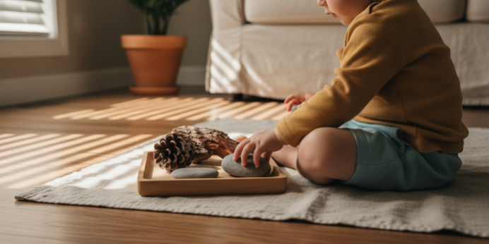 Toddler hands arranging natural loose parts on a wooden tray during quiet time at a Sunshine Coast early learning centre.