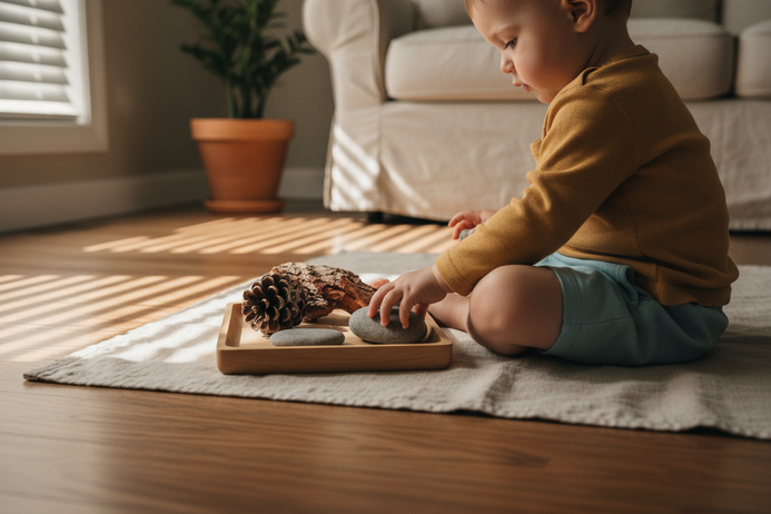 Toddler hands arranging natural loose parts on a wooden tray during quiet time at a Sunshine Coast early learning centre.