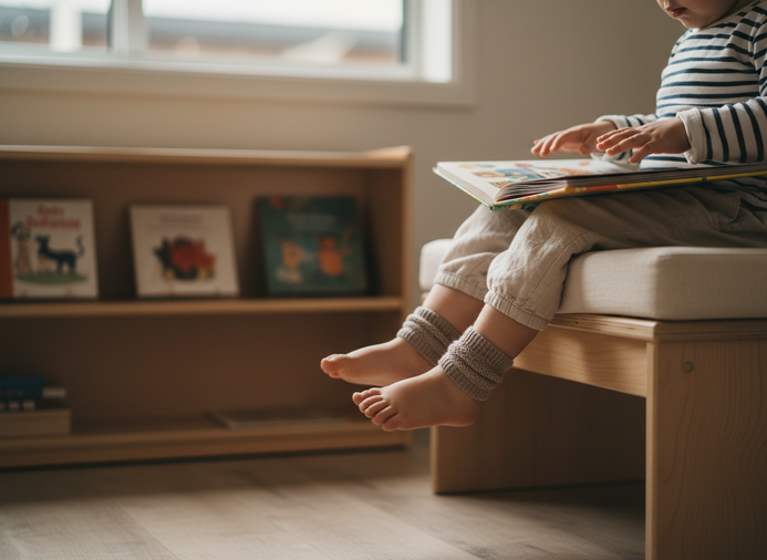 Toddler sitting quietly with a picture book during screen-free afternoon quiet time at an early learning centre on the Sunshine Coast.