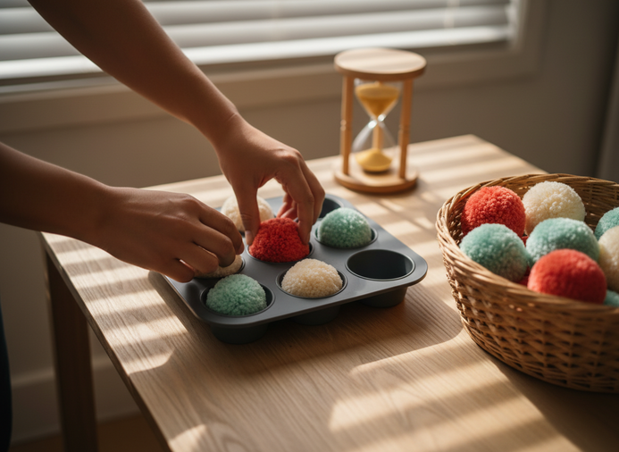Adult hands setting up a quiet time sorting activity with a muffin tin and fabric pom-poms for a toddler at home.