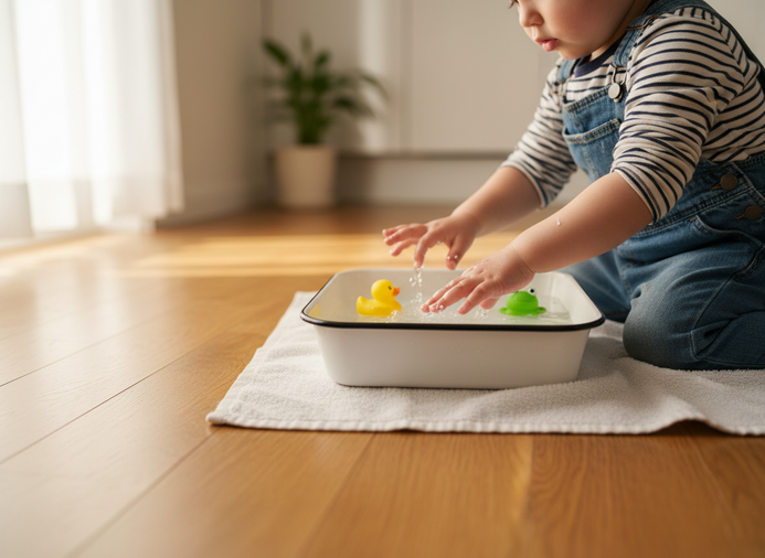 Toddler hands exploring safe shallow water play with rubber animals during a quiet time activity at home.