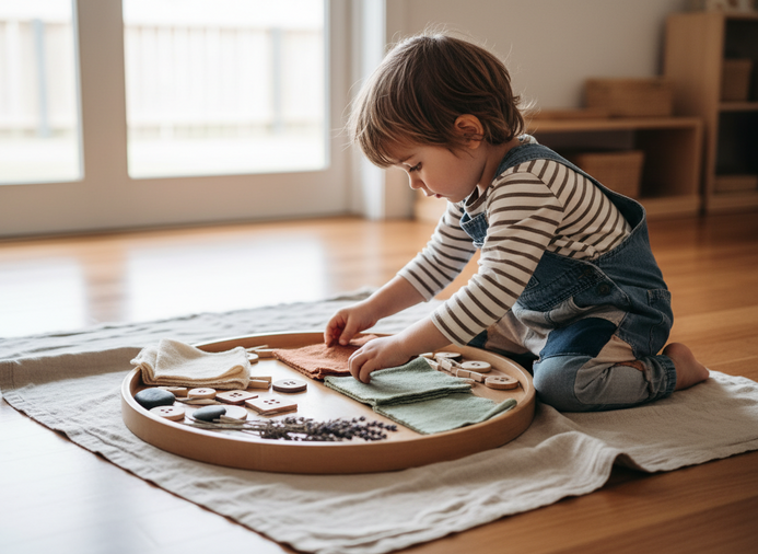 Preschooler absorbed in arranging a loose parts invitation tray during screen-free quiet time at a Sunshine Coast early learning centre.